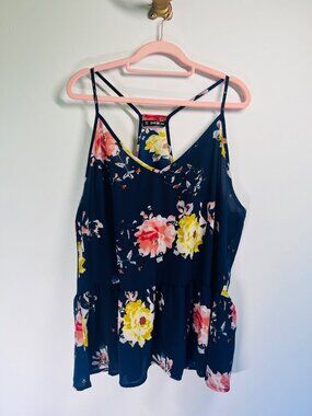 Shein Floral Racerback Tiered Tank Top Navy 2XL Lightweight Sleeveless Blouse